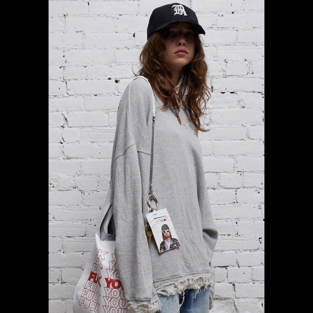 R13 Shredded Edge Oversized Crewneck - heather grey. Medium